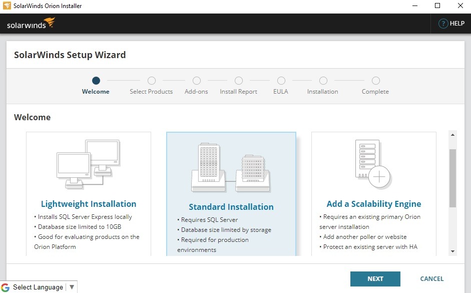 شروع نصب Solarwinds